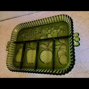 Vtg Indiana Glass Green Fruit Divided Plate